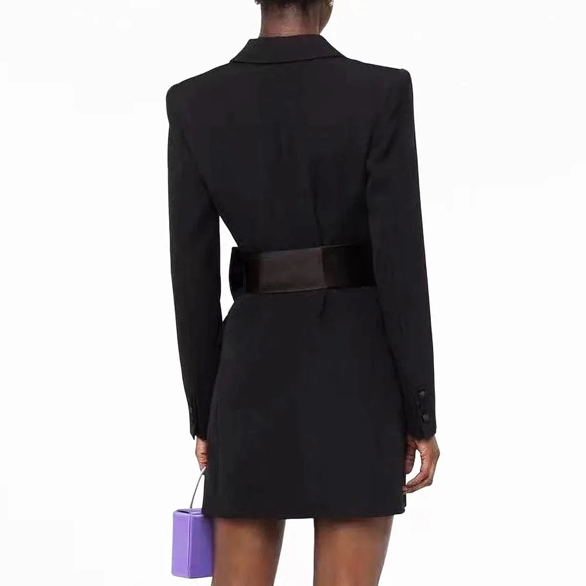High Quality 2024 Fall Winter Double-breasted Long Sleeve Bow Belt Women Office Blazer Short Mini Notched Dress