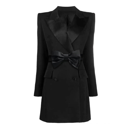 High Quality 2024 Fall Winter Double-breasted Long Sleeve Bow Belt Women Office Blazer Short Mini Notched Dress