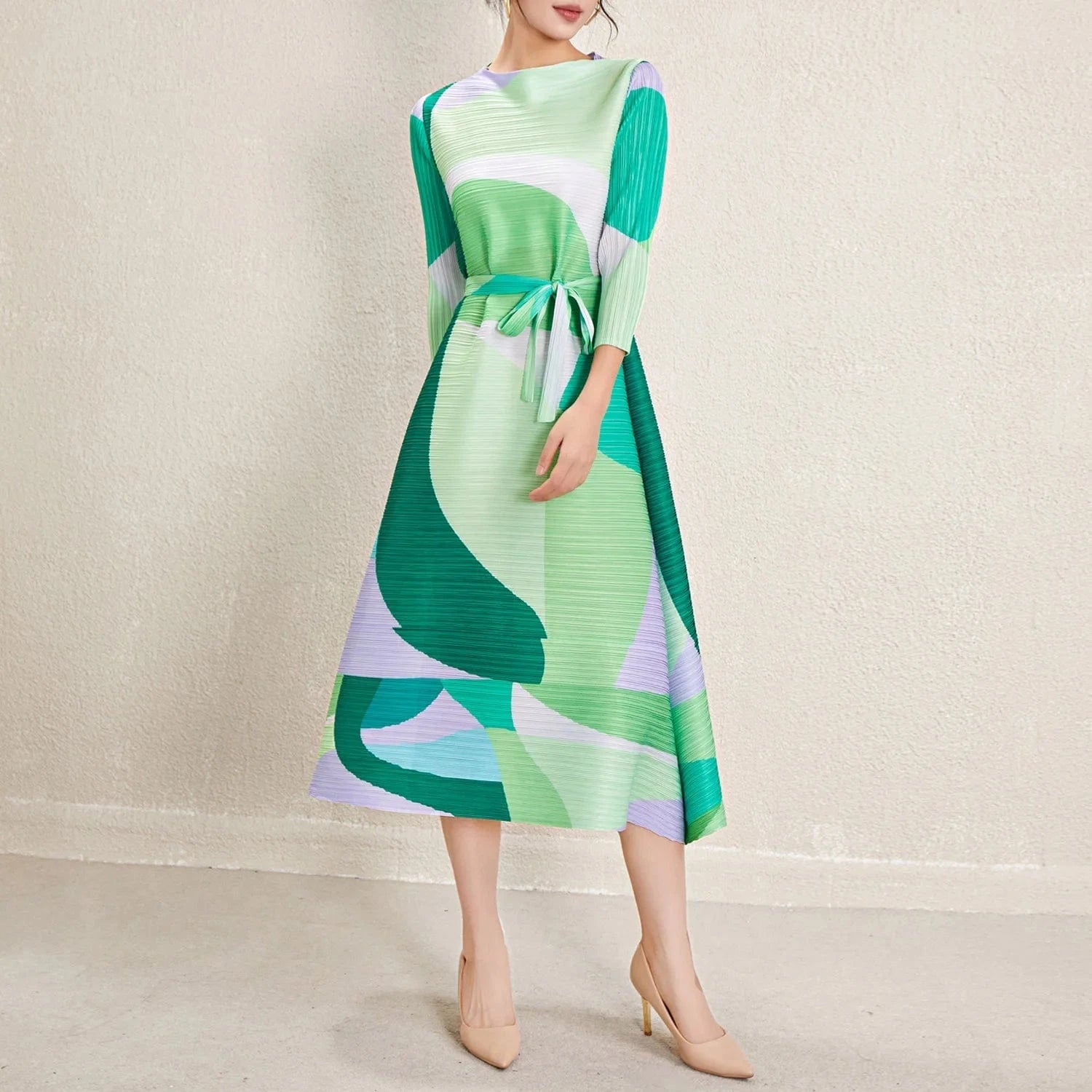 High Quality 2024 New Miyake Pleated Women's Casual Style Belted Long Sleeved Printed Dress Elegant Pleated Dress