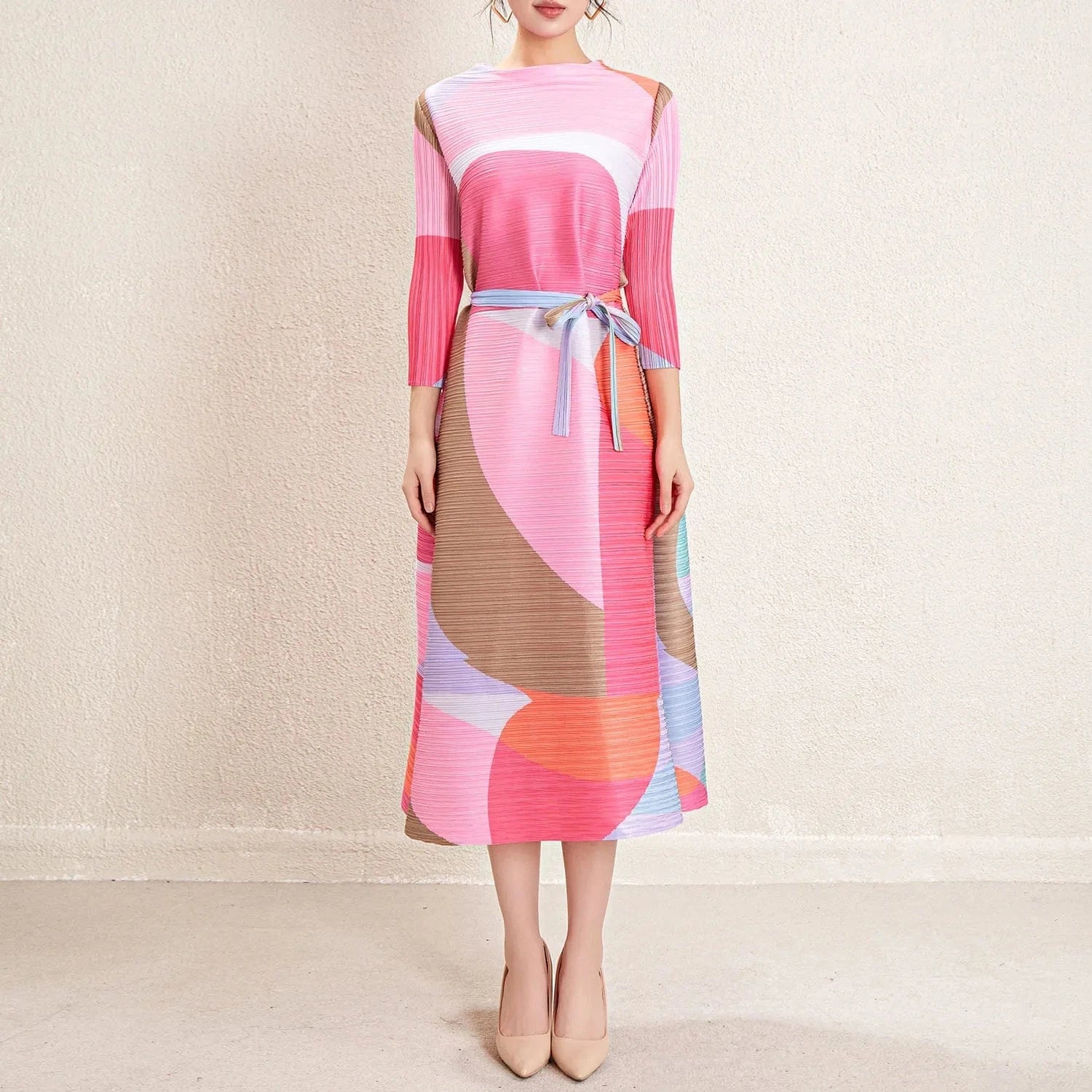 High Quality 2024 New Miyake Pleated Women's Casual Style Belted Long Sleeved Printed Dress Elegant Pleated Dress