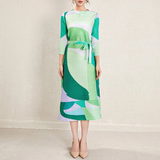 High Quality 2024 New Miyake Pleated Women's Casual Style Belted Long Sleeved Printed Dress Elegant Pleated Dress