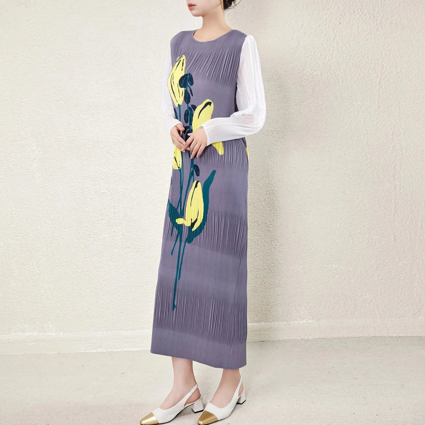 High Quality 2024 Pleated Stretch Plus Size Women's Long Sleeve Long Dress Fashionable Pleated Miyake Print Women's Casual Dress