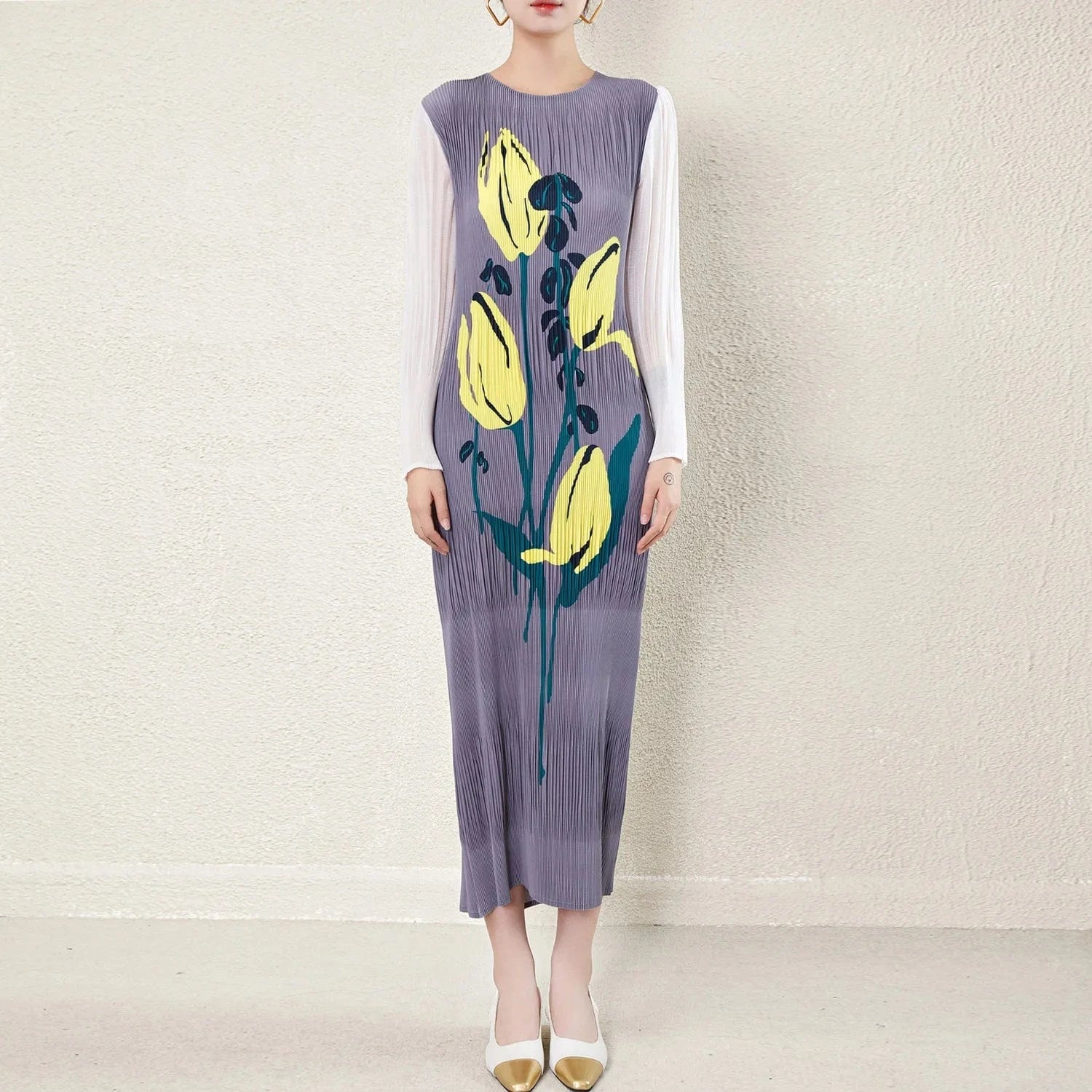 High Quality 2024 Pleated Stretch Plus Size Women's Long Sleeve Long Dress Fashionable Pleated Miyake Print Women's Casual Dress