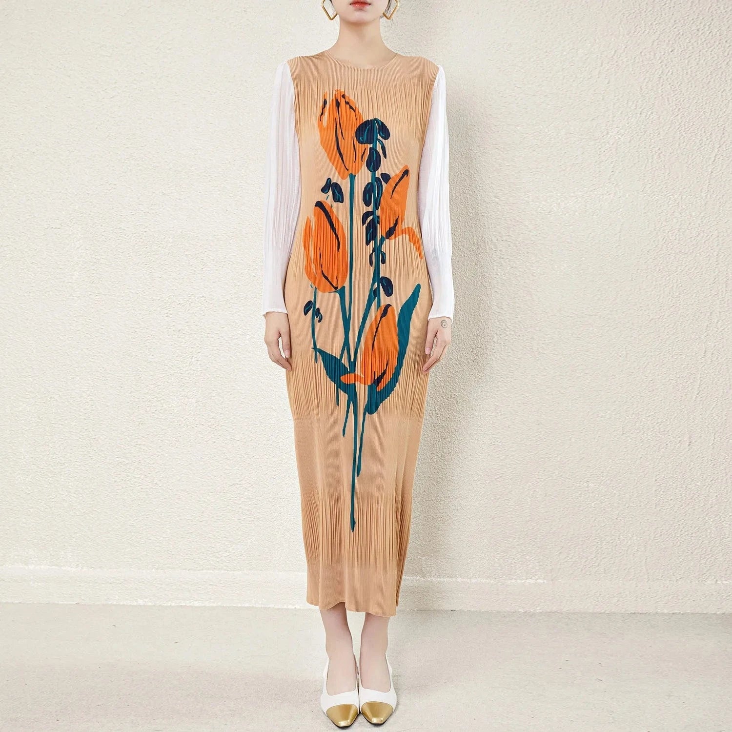 High Quality 2024 Pleated Stretch Plus Size Women's Long Sleeve Long Dress Fashionable Pleated Miyake Print Women's Casual Dress