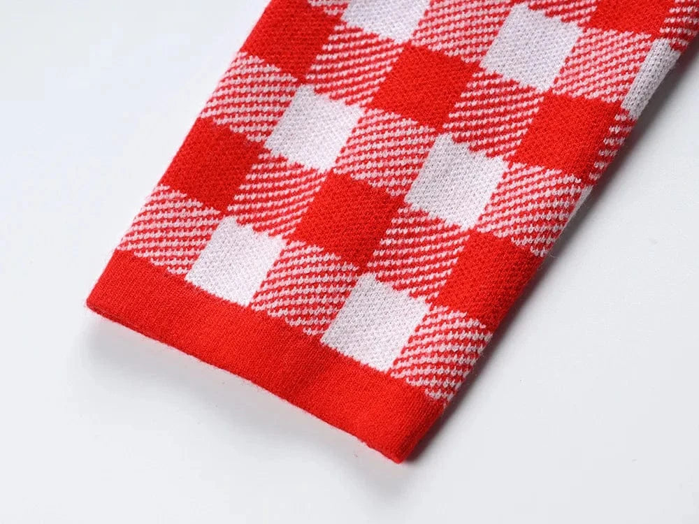 High Quality 2024 Spring Elegant Lady O-neckline Long Sleeve Single-breasted Plaid Slim Fitted Women Knit Short Dress