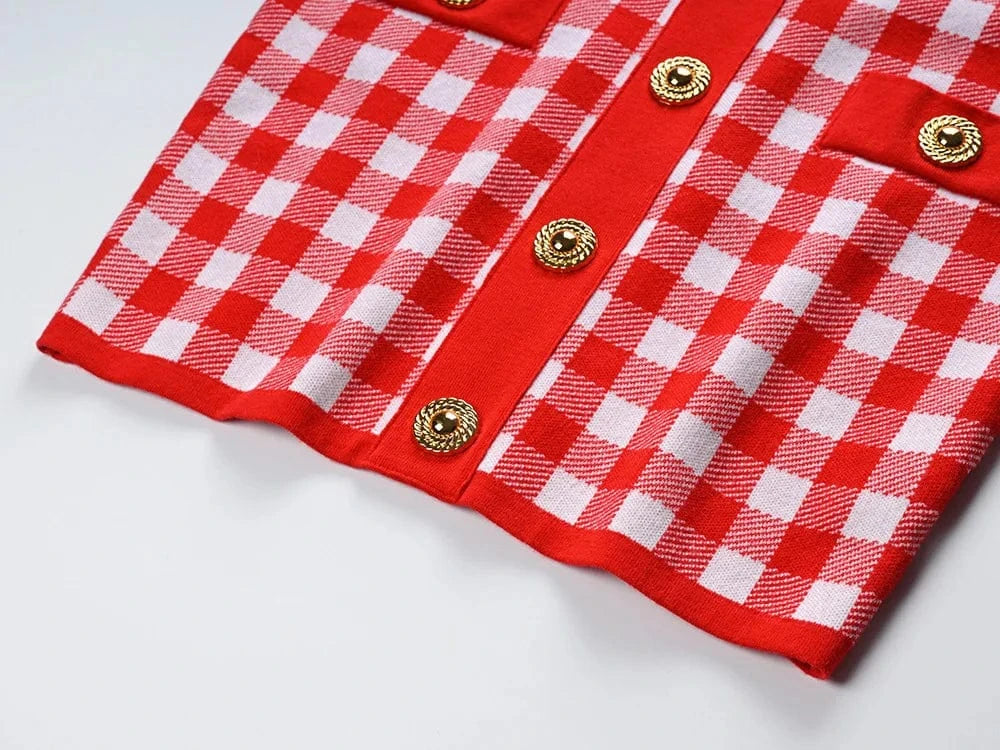 High Quality 2024 Spring Elegant Lady O-neckline Long Sleeve Single-breasted Plaid Slim Fitted Women Knit Short Dress