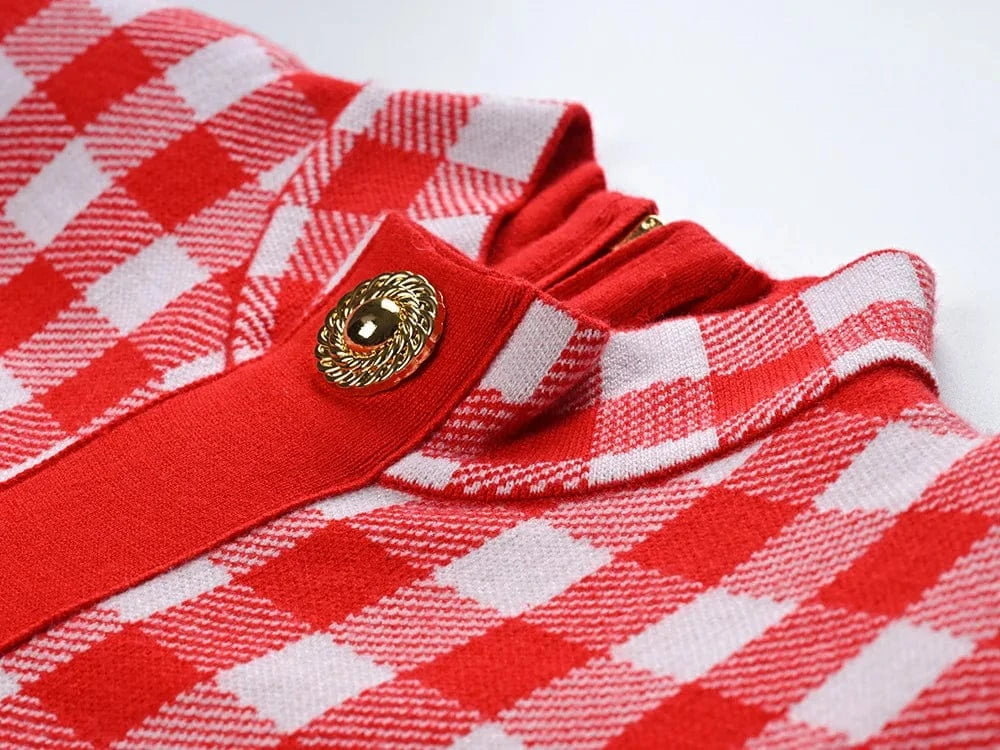 High Quality 2024 Spring Elegant Lady O-neckline Long Sleeve Single-breasted Plaid Slim Fitted Women Knit Short Dress