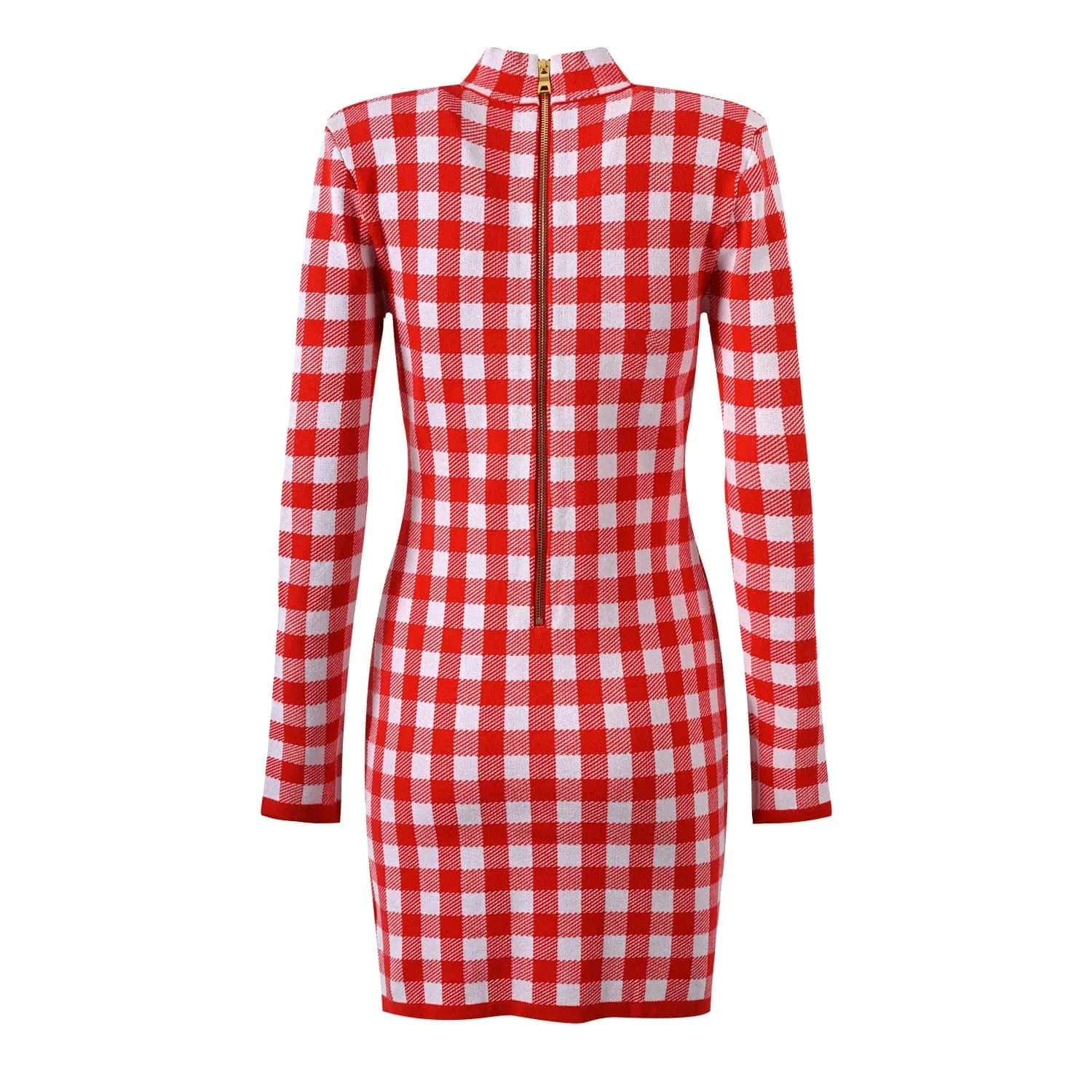 High Quality 2024 Spring Elegant Lady O-neckline Long Sleeve Single-breasted Plaid Slim Fitted Women Knit Short Dress