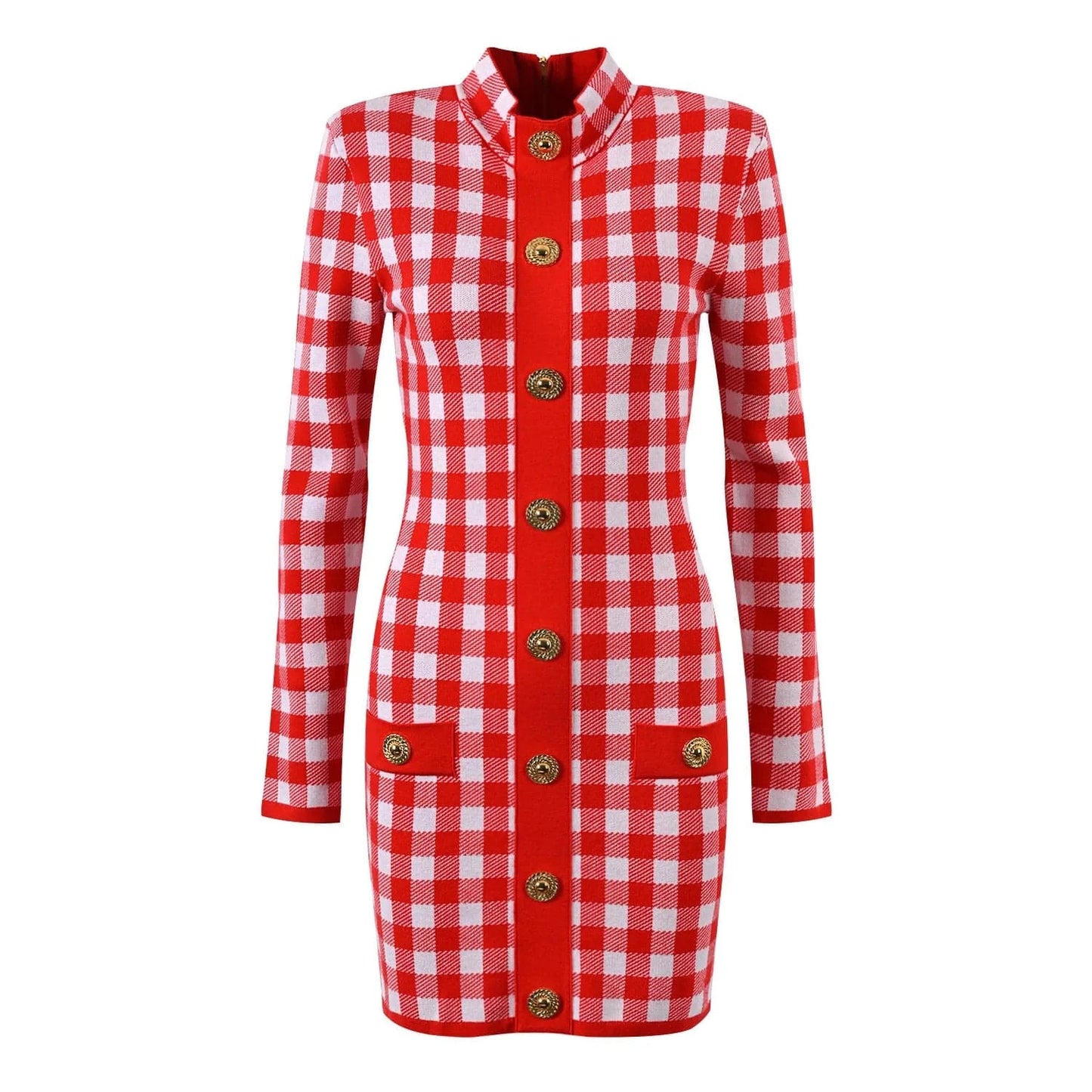 High Quality 2024 Spring Elegant Lady O-neckline Long Sleeve Single-breasted Plaid Slim Fitted Women Knit Short Dress