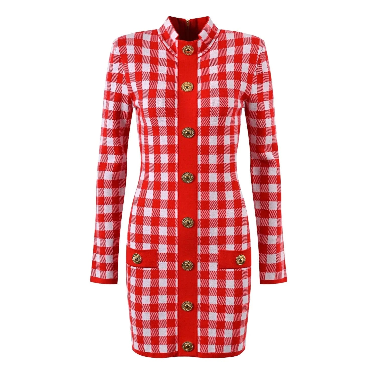 High Quality 2024 Spring Elegant Lady O-neckline Long Sleeve Single-breasted Plaid Slim Fitted Women Knit Short Dress
