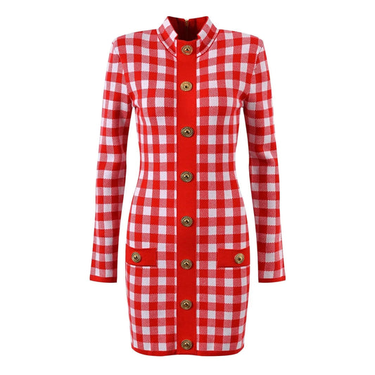 High Quality 2024 Spring Elegant Lady O-neckline Long Sleeve Single-breasted Plaid Slim Fitted Women Knit Short Dress