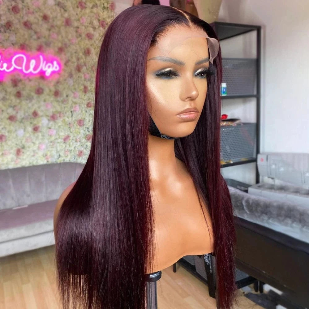 High Quality 99j Color Bone Straight Wig Brazilian Cuticle Aligned Transparent Lace Frontal Wig Pre Plucked Glueless Wig
