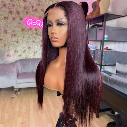 High Quality 99j Color Bone Straight Wig Brazilian Cuticle Aligned Transparent Lace Frontal Wig Pre Plucked Glueless Wig
