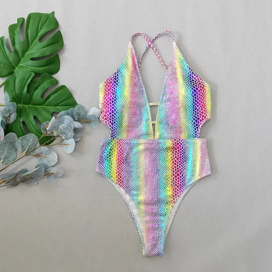 High Quality Beachwear Swimsuit Resort Beach Wear Biquini Maillot De Bain Shiny Swimwear Custom Lace Up One Piece Swimsuit