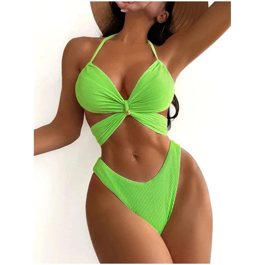 High Quality Bikini Set Textured Ribbed Women High Cut Swimwear CrissCross Swimsuit Halter Beach Bathing Suit 2024 Summer
