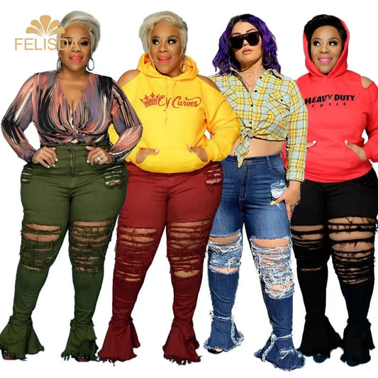 High Quality Black 5XL Oversized Bell Bottom Ripped Jeans Pants Elastic Waist Flared Skinny Jean Pants Plus Size Women's Jeans
