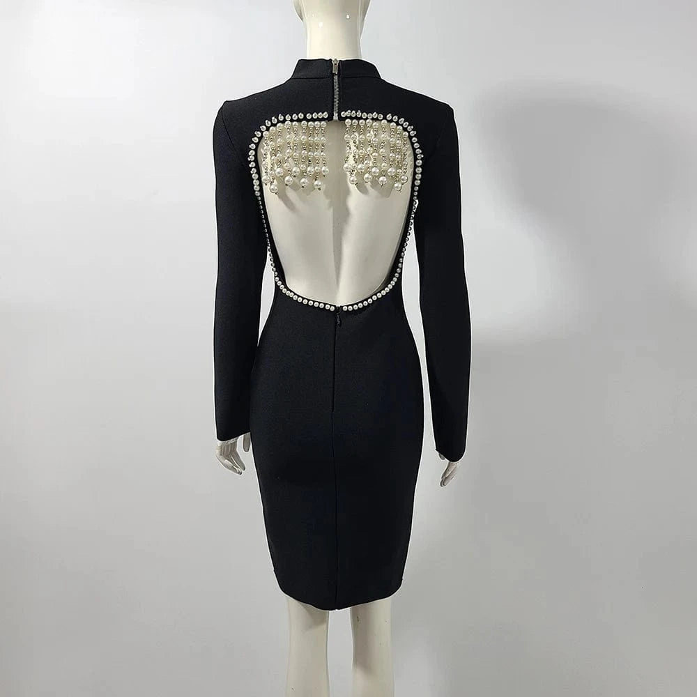 High Quality Black Beading Long Sleeve Short Celebrity Evening Homecoming Party Bodycon Dress
