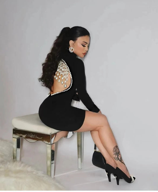 High Quality Black Beading Long Sleeve Short Celebrity Evening Homecoming Party Bodycon Dress