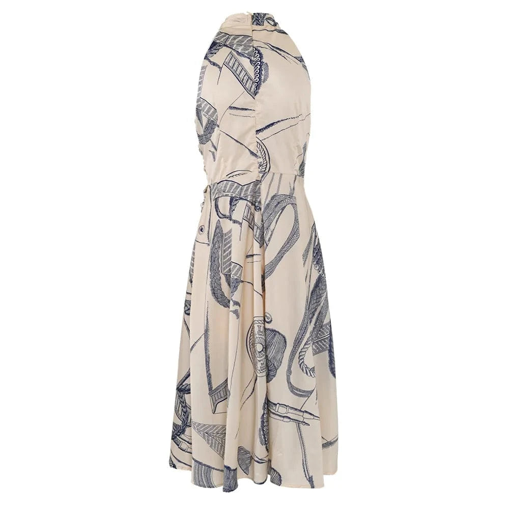 High Quality Blue Floral Halter Neck High Waist Loose Dress Women's Clothing 2024 Spring New French Elegant Long Women's Dresses