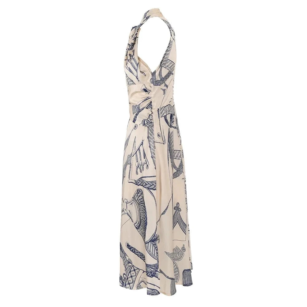 High Quality Blue Floral Halter Neck High Waist Loose Dress Women's Clothing 2024 Spring New French Elegant Long Women's Dresses