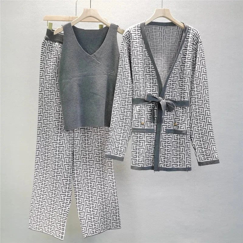 High Quality Boutique Wholesale 2024 Autumn New Casual Shawl Coat V-neck Bottom Knitted Shirt Wide Leg Pants Women 3 Pieces Set