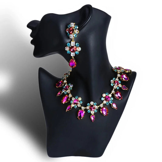 High Quality Colorful Flower Rhinestone Jewelry Set For Women Bridal Necklace and Earring Sets Wedding Jewelry Accessories