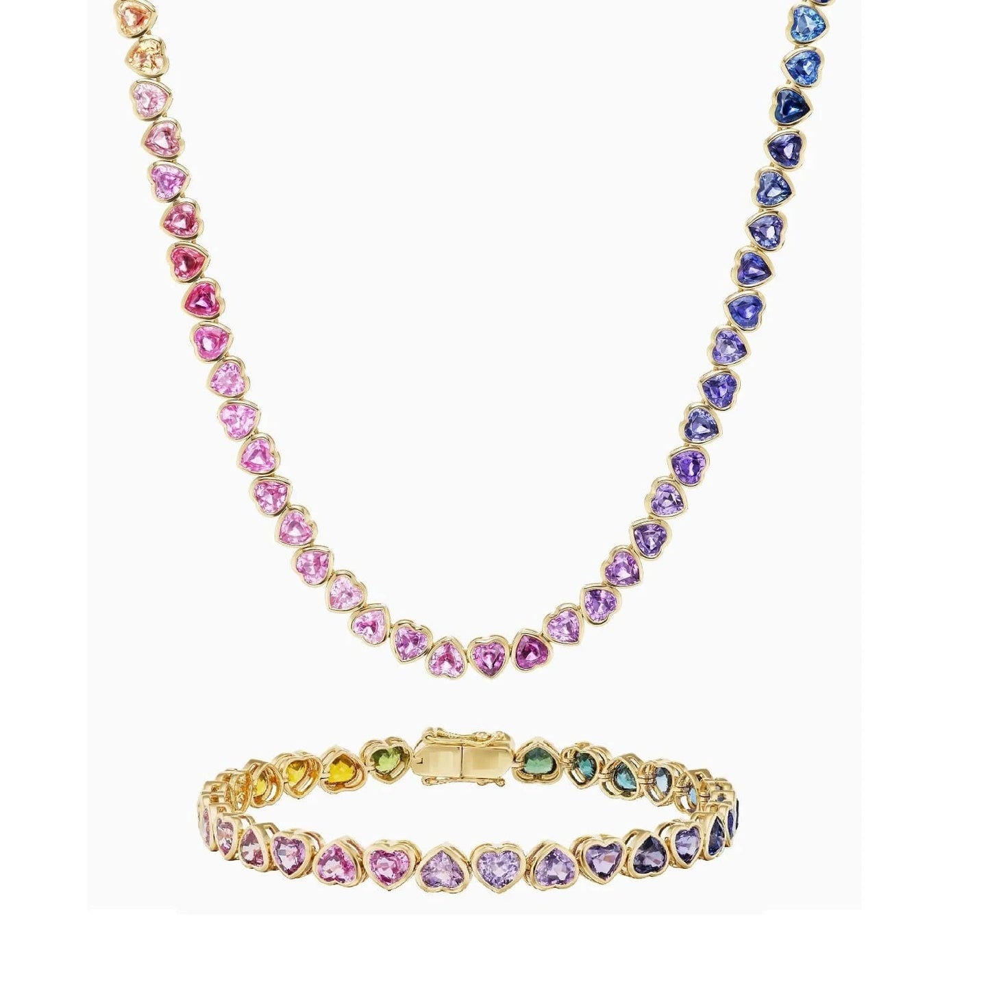 High Quality Colorful Heart Tennis Bracelet Necklace Micro Pave CZ 18K Gold Plated Fashion Wedding Party Jewelry Set