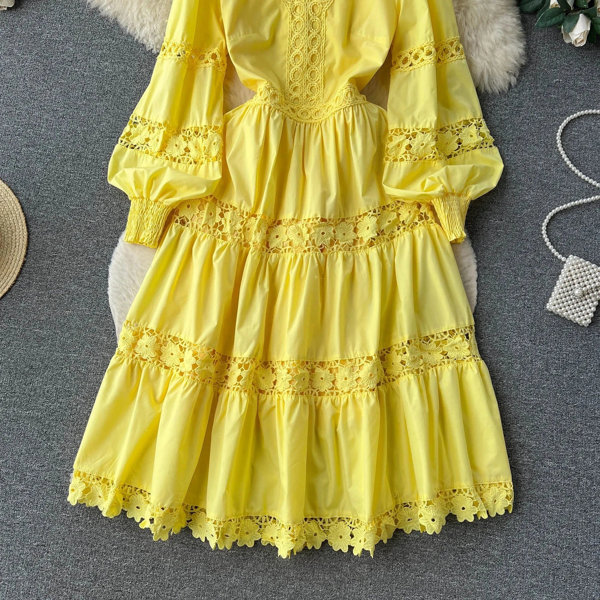 High Quality Crochet Lace Patchwork Long Sleeve Long Dresses Women