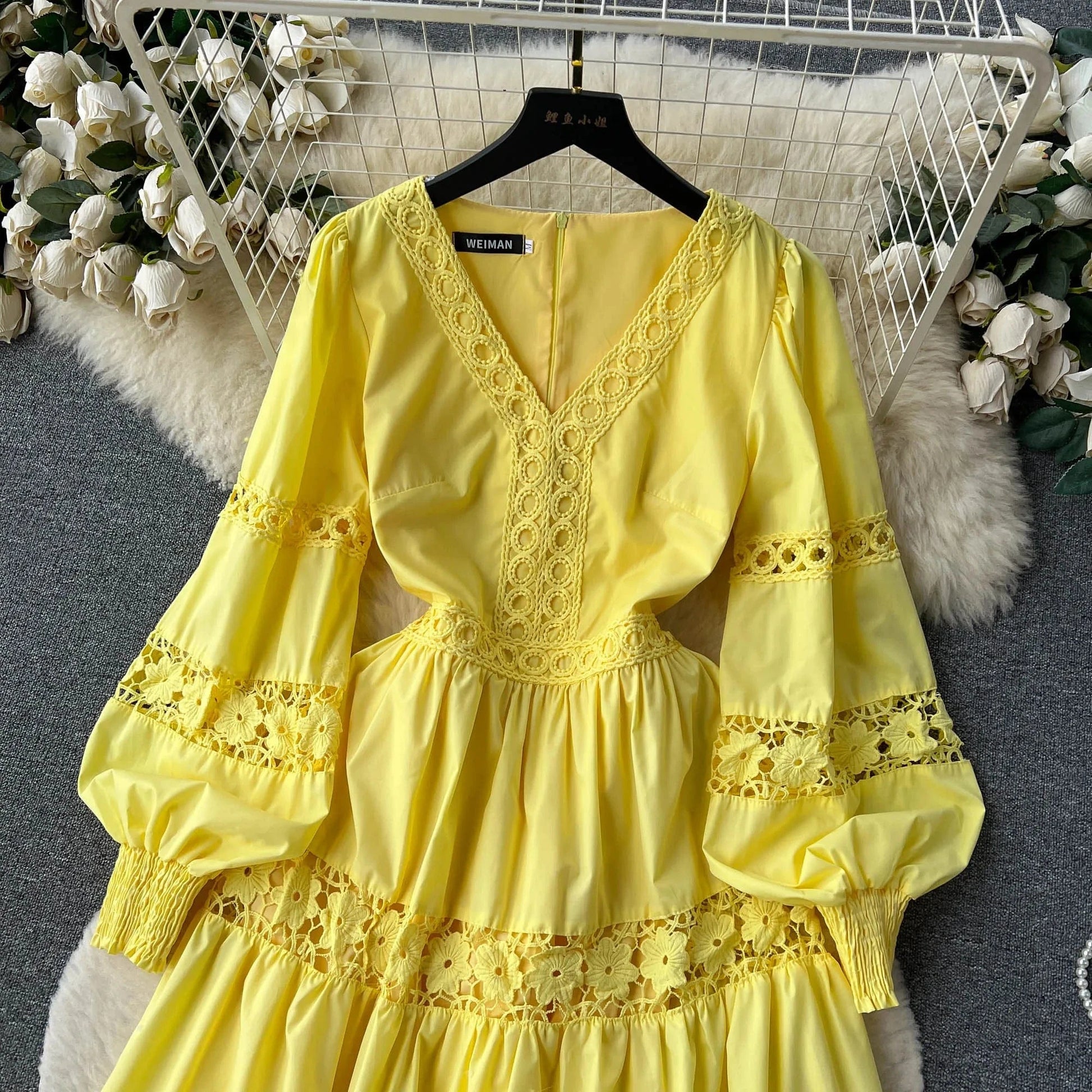 High Quality Crochet Lace Patchwork Long Sleeve Long Dresses Women