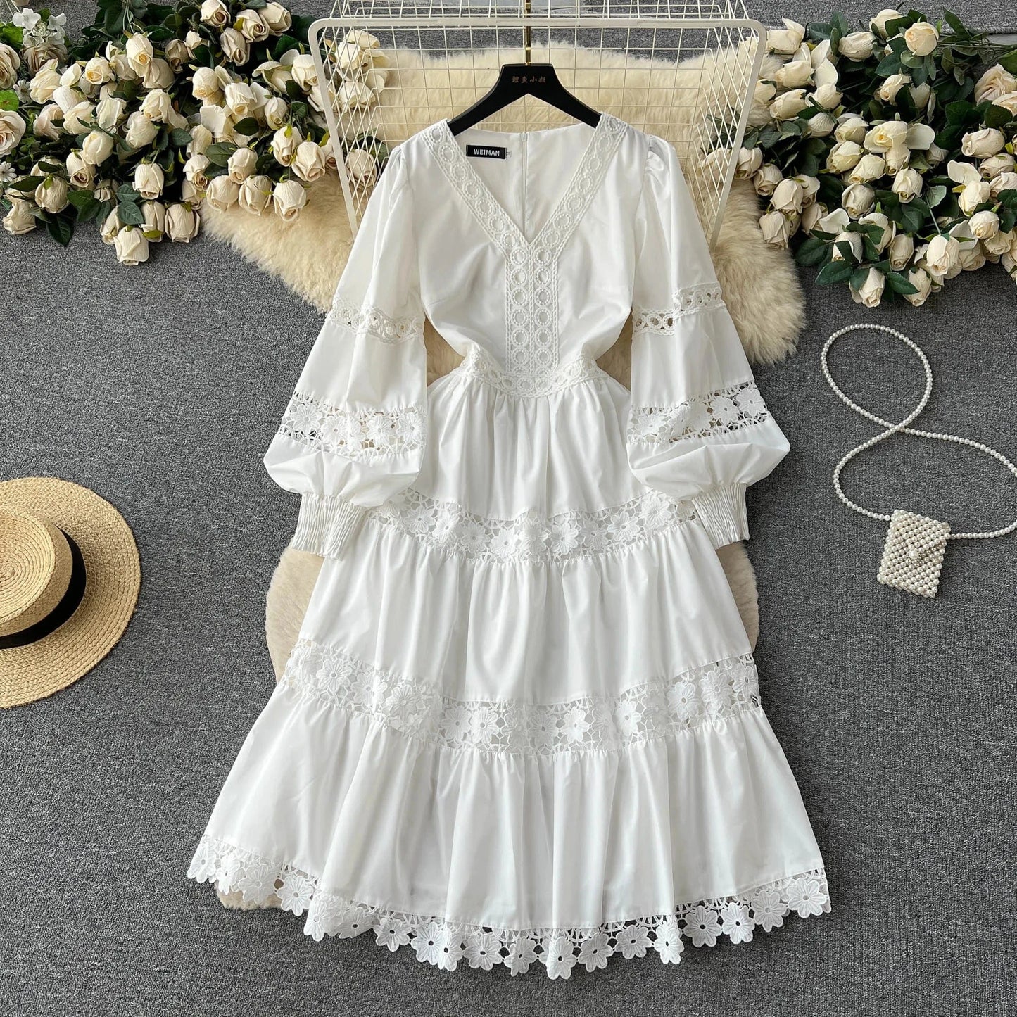 High Quality Crochet Lace Patchwork Long Sleeve Long Dresses Women