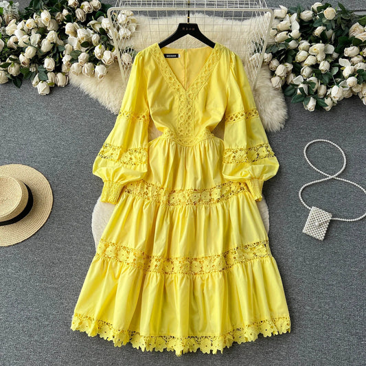 High Quality Crochet Lace Patchwork Long Sleeve Long Dresses Women