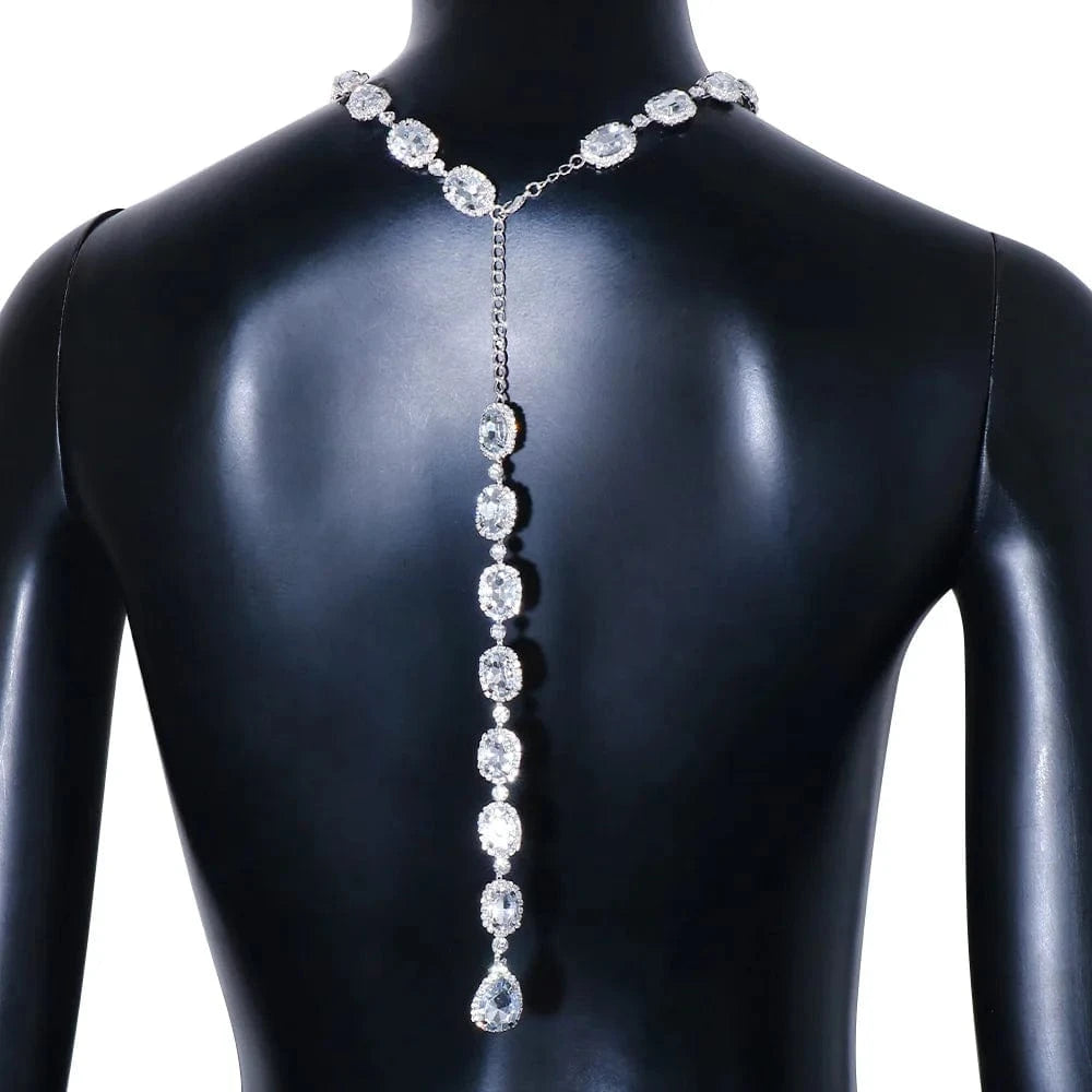 High Quality Crystal Water Drop Back Chain New Style Square Shape Gemstone Necklace Body Chain Wedding Jewelry