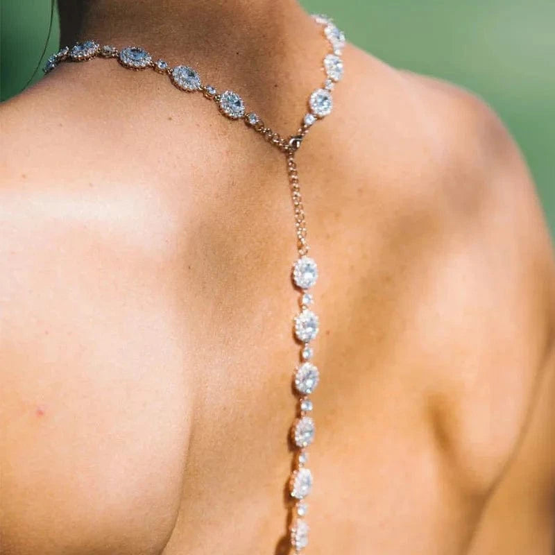 High Quality Crystal Water Drop Back Chain New Style Square Shape Gemstone Necklace Body Chain Wedding Jewelry