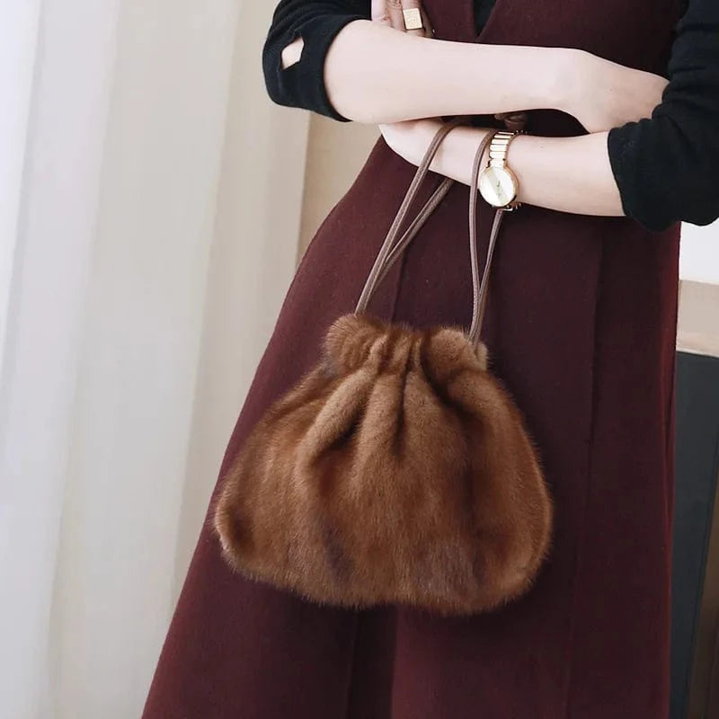 High Quality Drawstring Genuine Fur Purse Bags Women Mink Fur Handbags for Women
