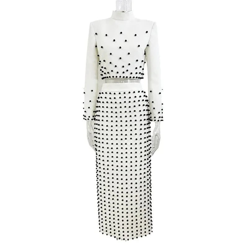 High Quality Fashion Autumn New White Ladies Sets 2024 Star With Pearl studded Short Elegant Women's Tops Long Skirt