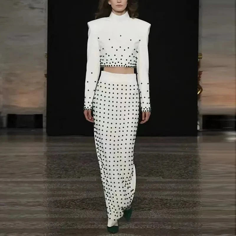 High Quality Fashion Autumn New White Ladies Sets 2024 Star With Pearl studded Short Elegant Women's Tops Long Skirt