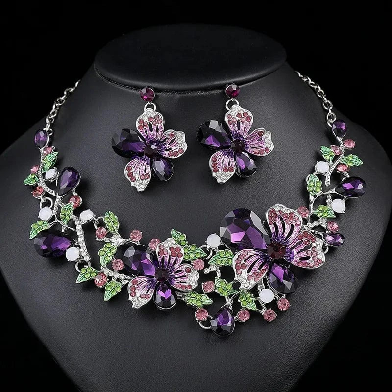 High Quality Flower Crystal Necklace&Earrings Two Pieces Jewelry Sets For Women Party Jewellery Statement Necklaces For Female