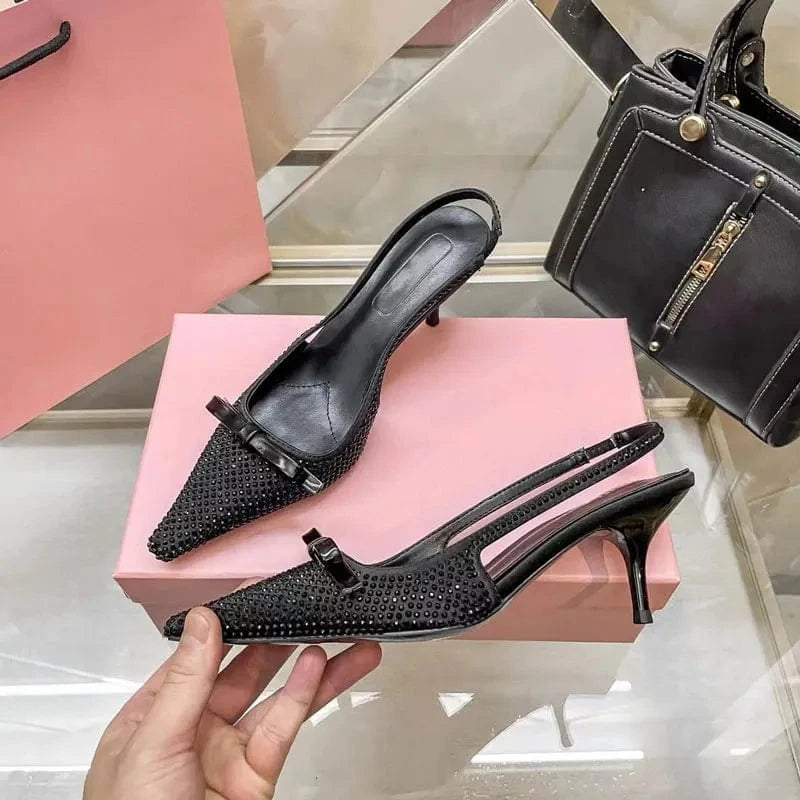 High quality girl bow knot sexy high heel sandals summer brand designer black rhinestone high heels designer womens shoes