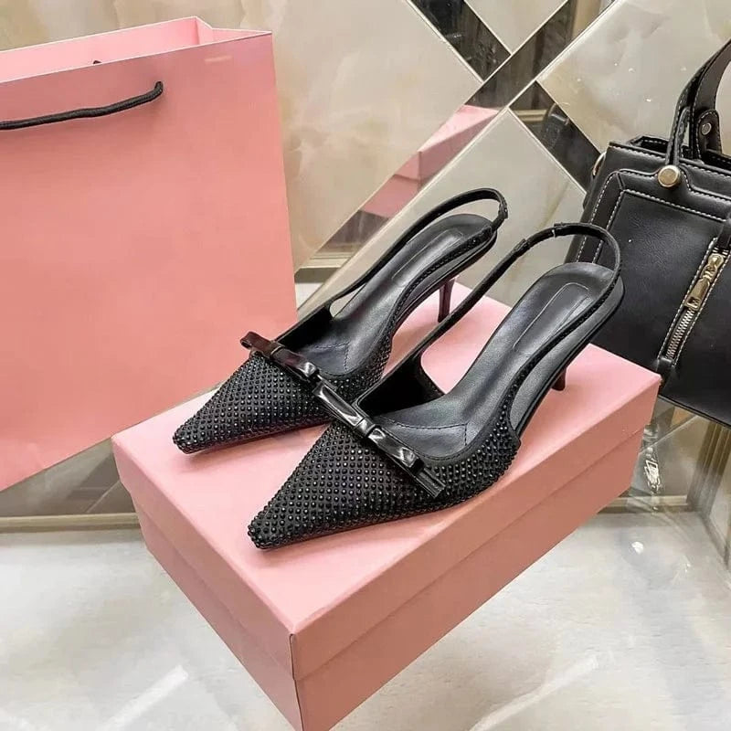 High quality girl bow knot sexy high heel sandals summer brand designer black rhinestone high heels designer womens shoes