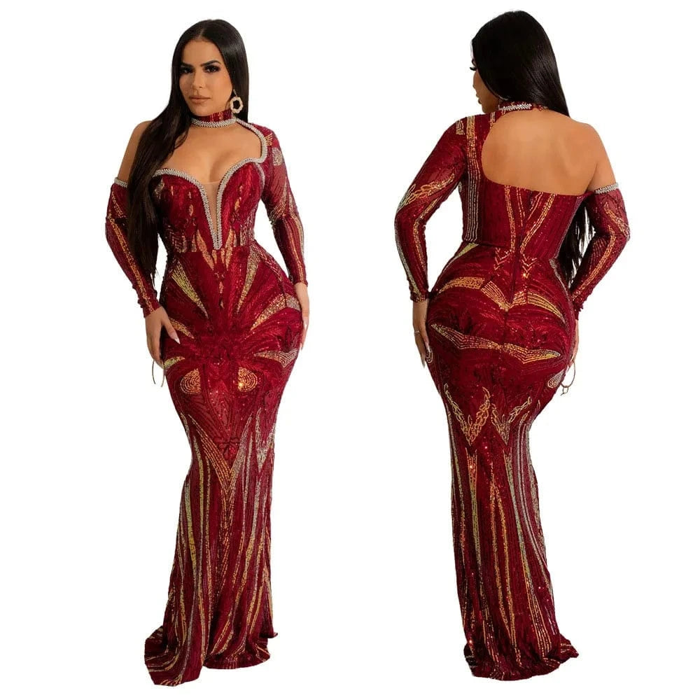 High Quality Gowns For Women Evening Dresses 2024 Long Sleeve Turtleneck Off Shoulder Party Dresses Women Sequin Dress