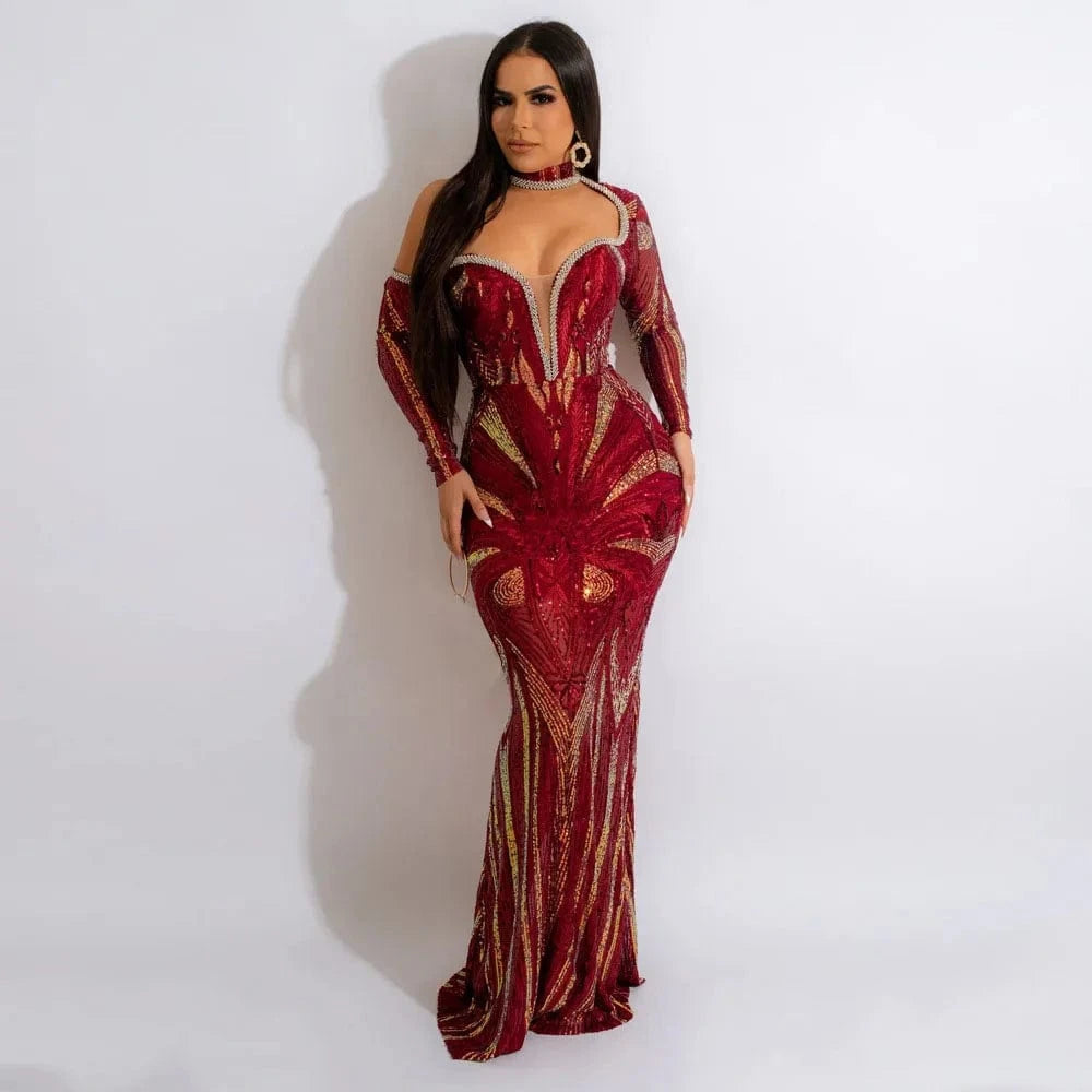 High Quality Gowns For Women Evening Dresses 2024 Long Sleeve Turtleneck Off Shoulder Party Dresses Women Sequin Dress