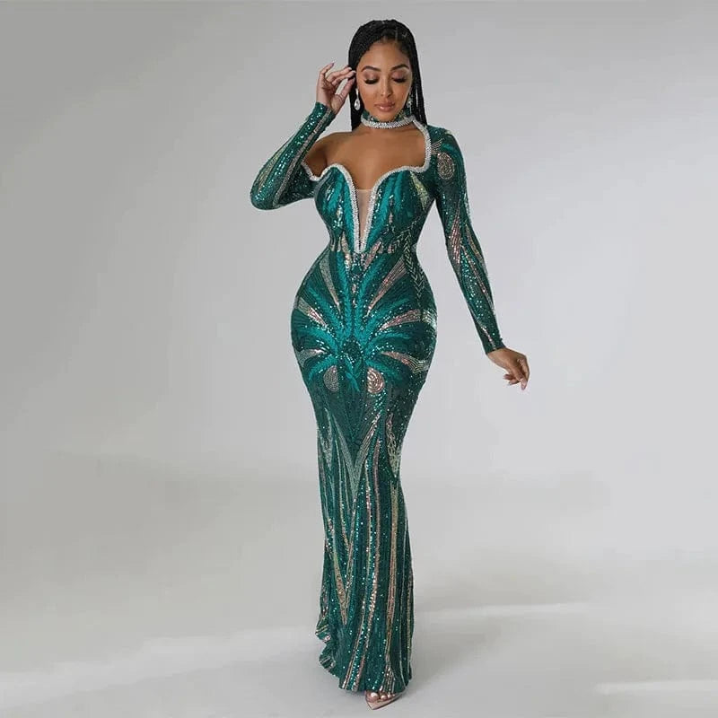 High Quality Gowns For Women Evening Dresses 2024 Long Sleeve Turtleneck Off Shoulder Party Dresses Women Sequin Dress