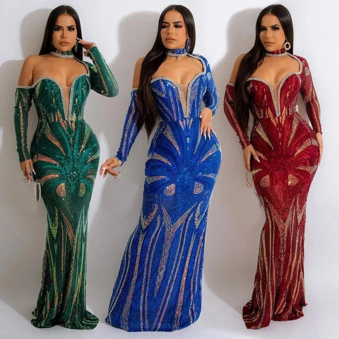 High Quality Gowns For Women Evening Dresses 2024 Long Sleeve Turtleneck Off Shoulder Party Dresses Women Sequin Dress