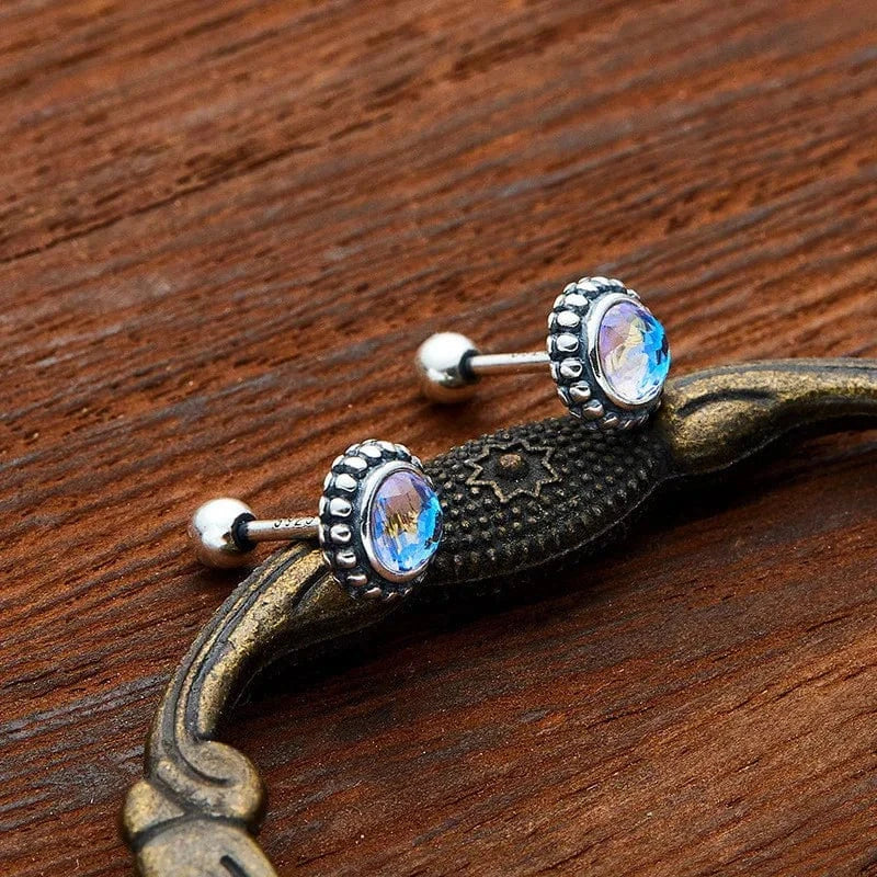 High Quality Hot sale S999 Pure Sterling Silver Round studs turquoise moonstone simple screw screw stud earrings jewelry