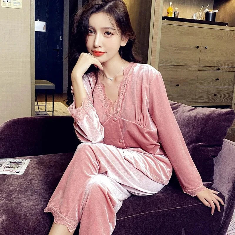 High Quality Ladies Winter Velvet Lace Sleepwear Casual Leopard Homewear V Neck Nightwear 2024 Long Sleeve Luxury Pyjamas Femme