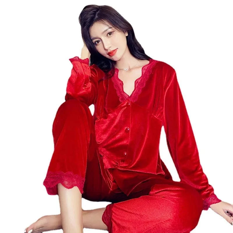High Quality Ladies Winter Velvet Lace Sleepwear Casual Leopard Homewear V Neck Nightwear 2024 Long Sleeve Luxury Pyjamas Femme