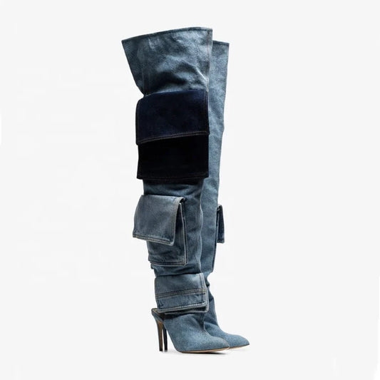 high quality lady shoes accept customize leather zip up baggy boots blue over the knee high heel women denim boots