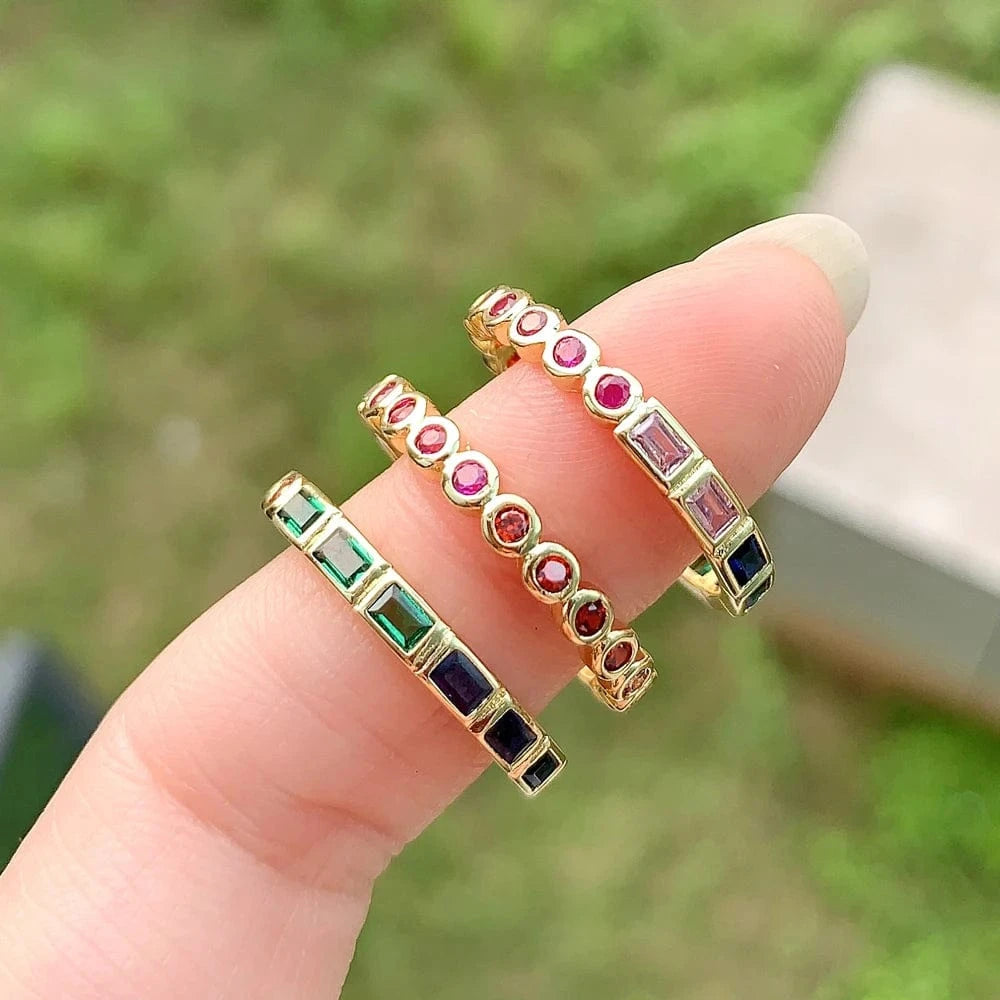 High Quality Mini Small Thin Rainbow Rings For Women Girls Geometric Square Round Bling CZ Paved Multicolored Fashion Jewelry