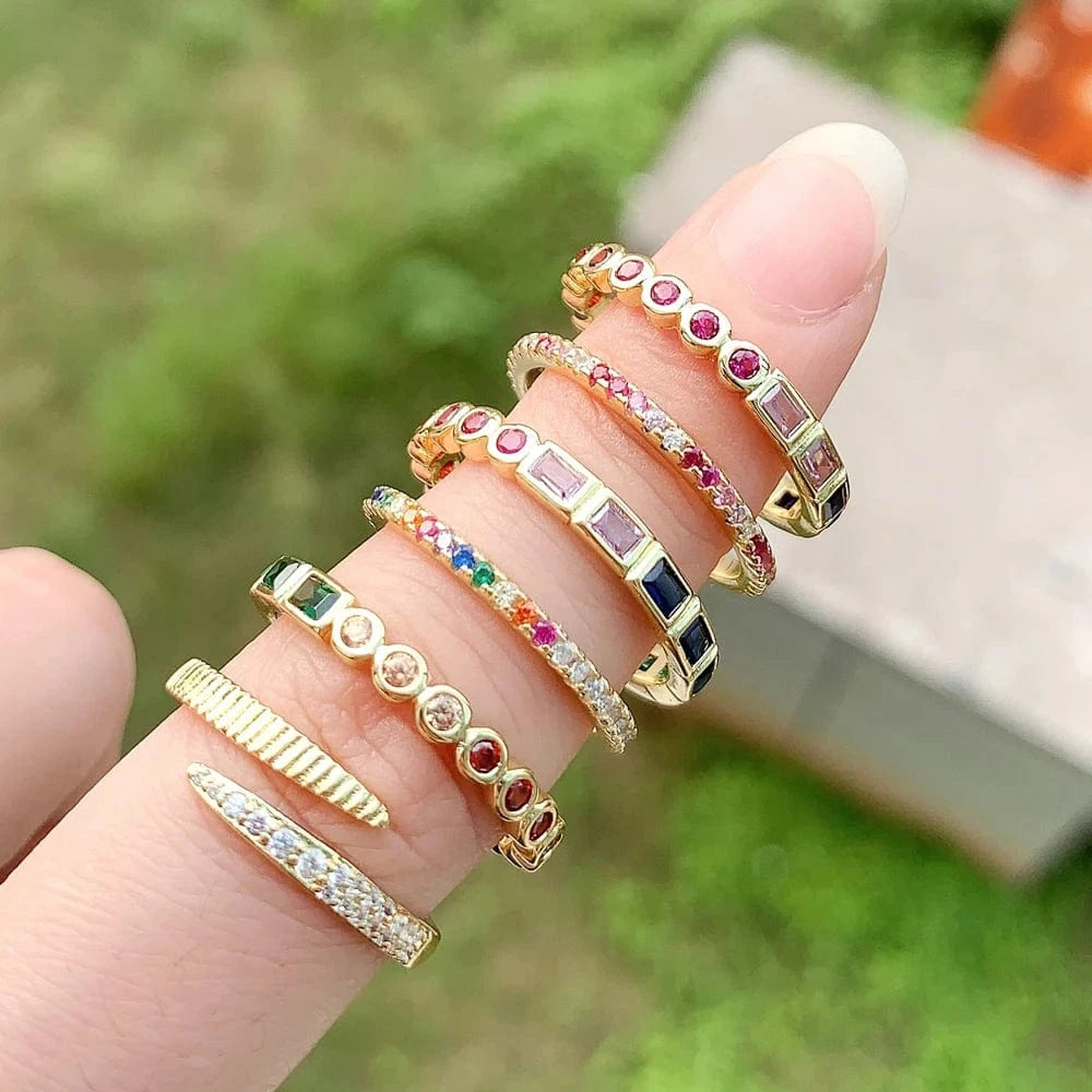 High Quality Mini Small Thin Rainbow Rings For Women Girls Geometric Square Round Bling CZ Paved Multicolored Fashion Jewelry