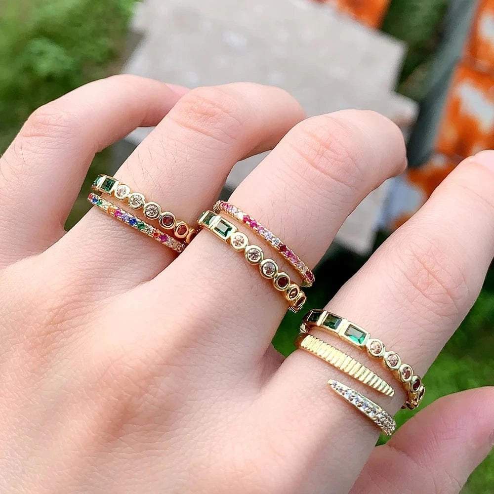 High Quality Mini Small Thin Rainbow Rings For Women Girls Geometric Square Round Bling CZ Paved Multicolored Fashion Jewelry